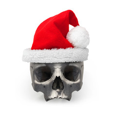 Wall Mural - Santa's skull with traditional hat on white background. Dead Santa Claus after christmas party. Life insurance theme.