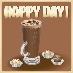 Wall Mural - Сoffee latte with cream and chocolates. Vector image. Design the dessert menu, brochures, banners, flyers