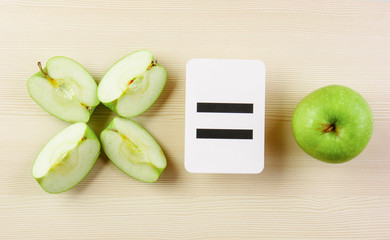 School card and apple with math problems
