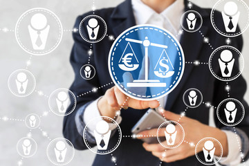 Wall Mural - businesswoman presses balance sign. Businessman toched scale button. Network people world bank currency. Money, judge, business, security, internet. Justice icon, court, tribunal, stock, finance, euro