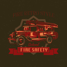 T-shirt Label Design With Illustration Of Vintage Fire Truck.