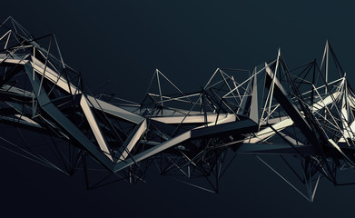 Poster - Abstract 3d rendering of chaotic plexus surface. Contemporary background with futuristic polygonal shape. Distorted low poly object with sharp lines.