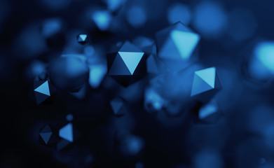 Poster - Abstract 3d rendering of chaotic low poly particles. Flying polygonal spheres in empty space. Futuristic background with bokeh effect. Poster design.