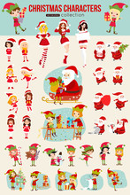 Collection Of Christmas Cartoon Character For Holiday Design. Vector Christmas Icons Isolated