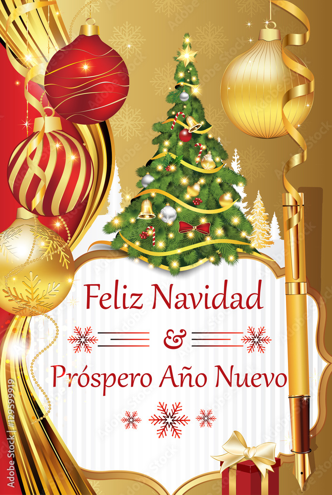 Feliz Navidad y Prospero Ano Nuevo! greeting card with Spanish wishes for winter holiday (Merry Christmas and Happy New Year). Print colors used. Size of a custom printable card. Stock Illustration | feliz-navidad-y-prospero-ano-nuevo-greeting-card-with-spanish-wishes-for-winter-holiday-merry-christmas-and-happy-new-year-print-colors-used-size-of-a-custom-printable-card-stock-illustration