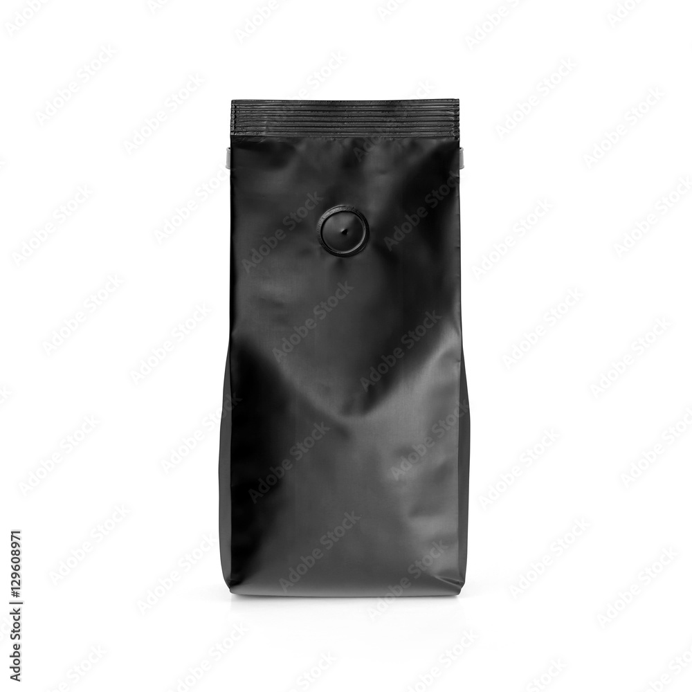 Black blank matte plastic paper bag front view isolated on white background. Packaging template mockup collection. With clipping Path included. Aluminium coffee package. - obrazy, fototapety, plakaty 