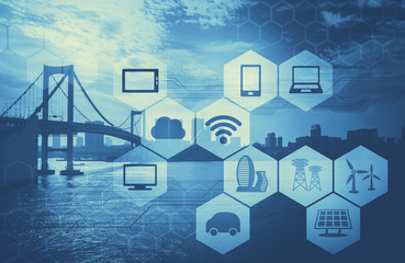 Poster - duotone graphic of smart city and internet of things, abstract image visual