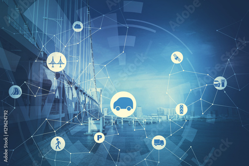 Fotografía duotone graphic of modern transportation and communication network, intelligent