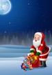 Christmas background with Santa Clause holding bag of presents 