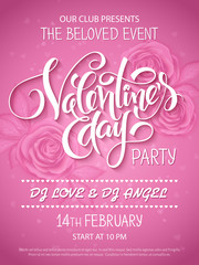 Vector valentines day party poster with lettering word - valentines day and roses bud on background