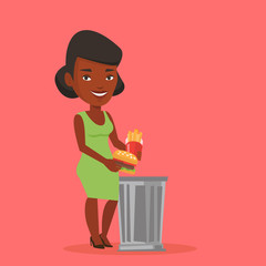 Sticker - Woman throwing junk food vector illustration.