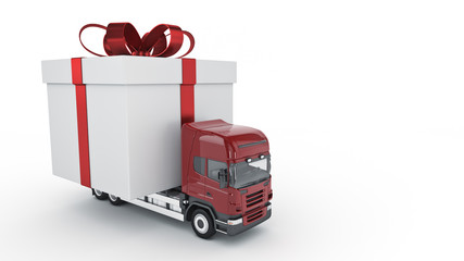 Presents delivery service concept, truck with a gift box. 3d rendering