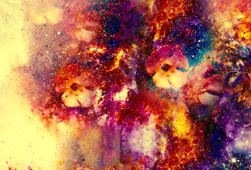 Poster - abstract multicolor flower motive collage with dynamic fire effect in space.