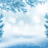 Fototapeta Las - Winter bright background. Christmas landscape with snowdrifts and pine branches in the frost.