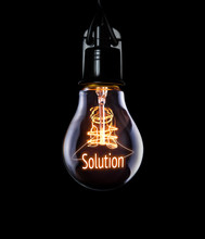 Hanging Lightbulb With Glowing Solution Concept.