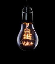 Hanging Lightbulb With Glowing Value Concept.