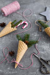  Christmas ice cream cones on a gray background