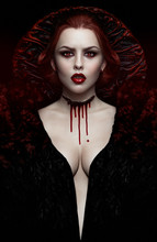 Sexy Woman Vampire In Black Dress With Blood On Neck