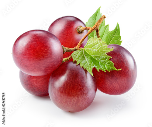Plakat Ripe red grape with leaf isolated on white. With clipping path.