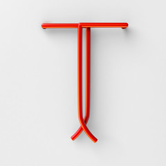 Fototapete - 3d realistic RED Wire Font with soft shadows. Letter T. 3d rendering isolated on bright background.