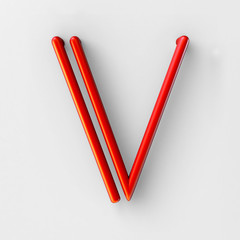 Fototapete - 3d realistic RED Wire Font with soft shadows. Letter V. 3d rendering isolated on bright background.