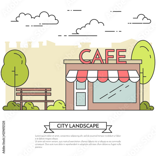 City Landscape With Bench Cafe In Central Park Line Art Buy