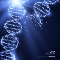 Wall Mural - Shining DNA Spirals on Blue Background.