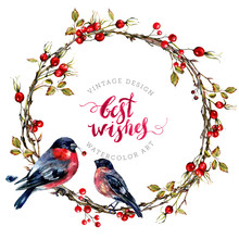 Watercolor Christmas Wreath With Bullfinches.