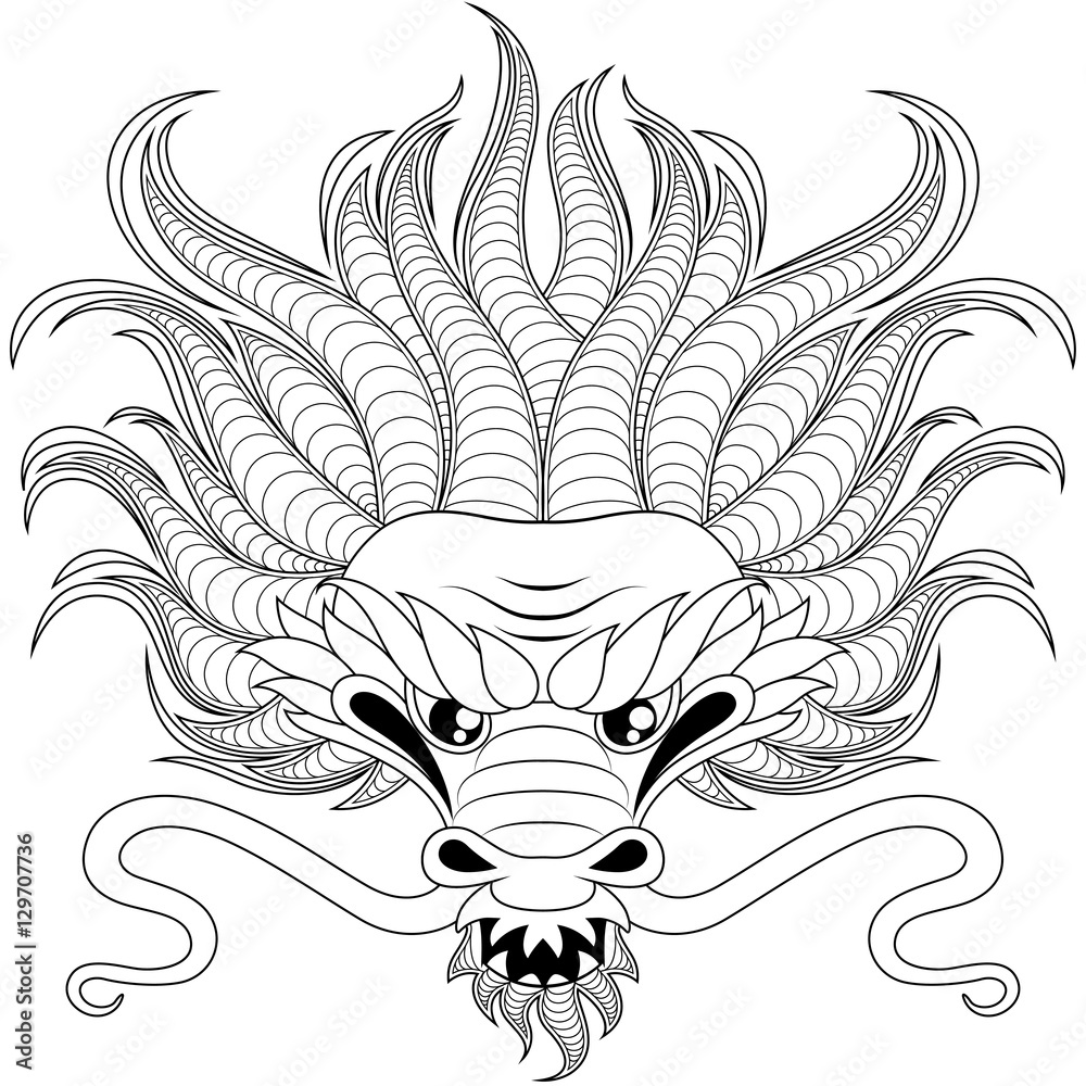 Head of chinese dragon in zentangle style for tatoo. Adult antistress  coloring page. Black and white hand drawn doodle for coloring book Stock  Vector | Adobe Stock, image size:1000x1000