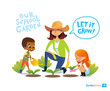 Gardening with kids. Eco concept. Engaging in Montessori education activities. Organic . Vegan garden. Vector illustration