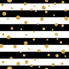 Canvas Print - gold polka dot on lines seamless pattern background. golden foil confetti. black and white stripes. 
