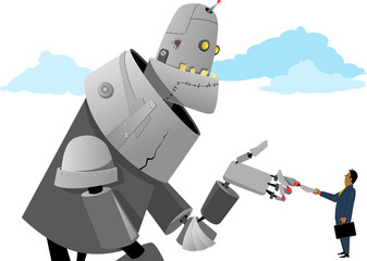 Businessman shaking hands with a giant robot, EPS 8 vector illustration, no transparencies 