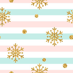 Wall Mural - christmas gold snowflake seamless pattern. golden polka dots, snowflakes on blue, pink, white lines 