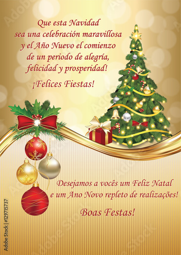 Corporate Christmas And New Year Greeting Card For Clients And Business Partners In Spanish Top And Portuguese Bottom Language Merry Christmas And A Happy And Successful New Year Happy Holiday Stock Illustration