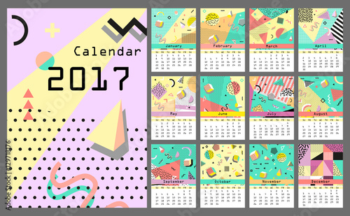 Calendar 2017 Retro Vintage 80s Or 90s Fashion Style Memphis Cards Calendar 2017 Retro Vintage 80s Or 90s Fashion Style Memphis Cards Trendy Geometric