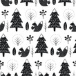 Squirrel in forest seamless pattern. Black and white scandinavian style nature illustration. Cute winter forest with animal design for textile, wallpaper, fabric.