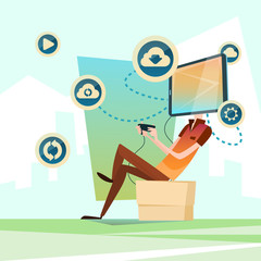 Poster - man play computer video game cell smart phone head social network communication flat vector illustra