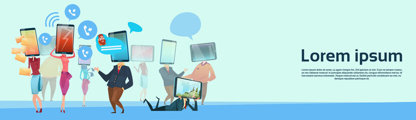 Poster - people group cell smart phone head social network communication flat vector illustration