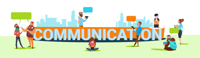 Poster - people chat digital device tablet phone laptop social network communication flat vector illustration