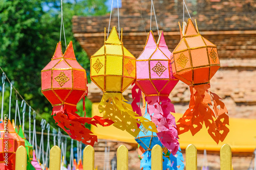 Fotografie, Obraz Festive hanging lanterns, Yee Peng Festival, Chiang Mai, Thailan