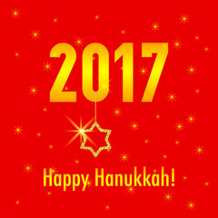 Happy Hanukkah card template with text 2017. Jewish holiday illustration. Happy Hanukkah greeting card with Jewish star on red background.