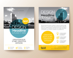 Wall Mural - poster flyer pamphlet brochure cover design layout with circle shape graphic elements and space for photo background, blue and yellow color scheme, vector template in A4 size