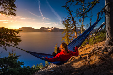 Wall Mural - Women Relaxing in Hammock Crater Lake Oregon