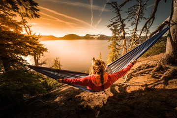 Wall Mural - Women Relaxing in Hammock Crater Lake Oregon