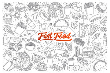 Hand drawn set of fast food doodles with lettering in vector