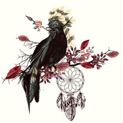 Poster - Beautiful bird holding arrow and dreamcatcher
