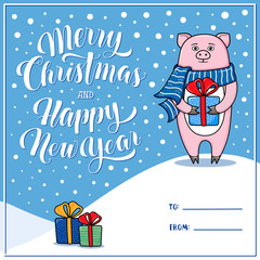 Wall Mural - Merry Christmas and Happy New Year greeting card with pig, gifts, snow, lettering and place for signing To and From, cartoon vector illustration. Xmas and New Year greeting card design with a pig