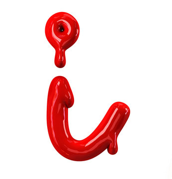 Leaky red alphabet Isolated on White background. Handwritten Cursive Small letter i. 3d rendering