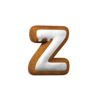Small Letter Z. Gingerbread font. Christmas cookie alphabet concept. 3d rendering isolated on White Background