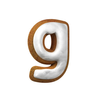 Small Letter G. Gingerbread font. Christmas cookie alphabet concept. 3d rendering isolated on White Background